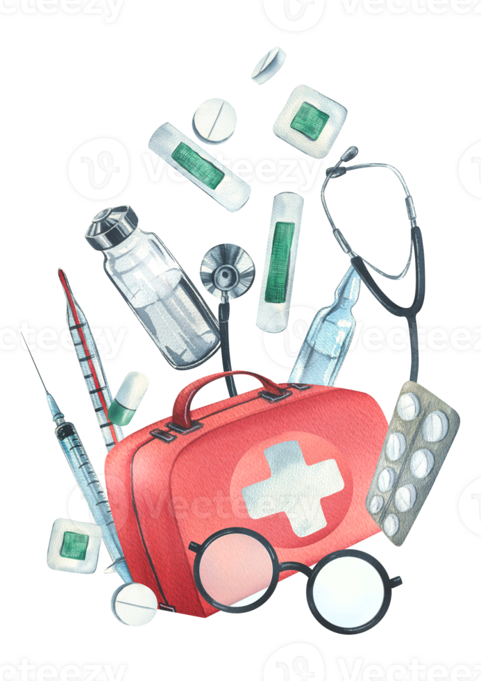 Red medical case, first aid kit with stethoscope, injections, plaster, pills and glasses. Watercolor illustration, hand drawn. Composition isolated png