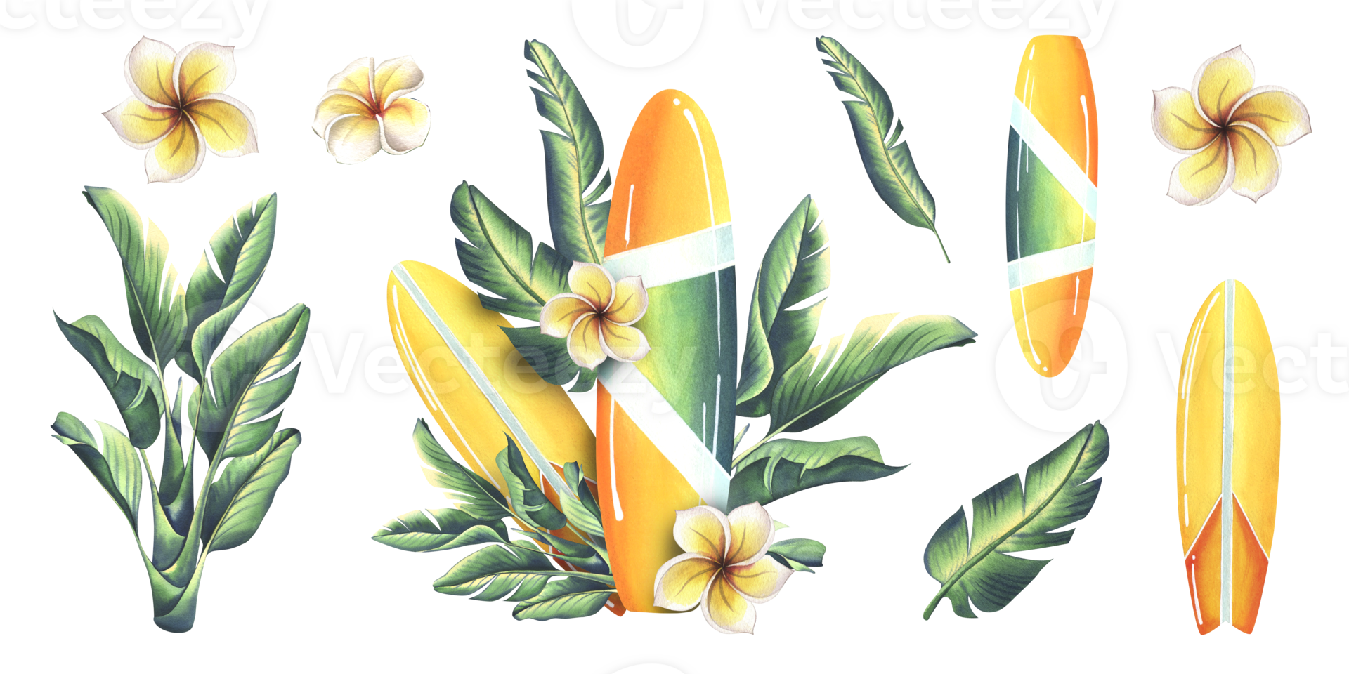 Surfboard in yellow and green with stripes with tropical leaves and plumeria flowers. Watercolor illustration hand drawn. Set of isolated elements stickers png