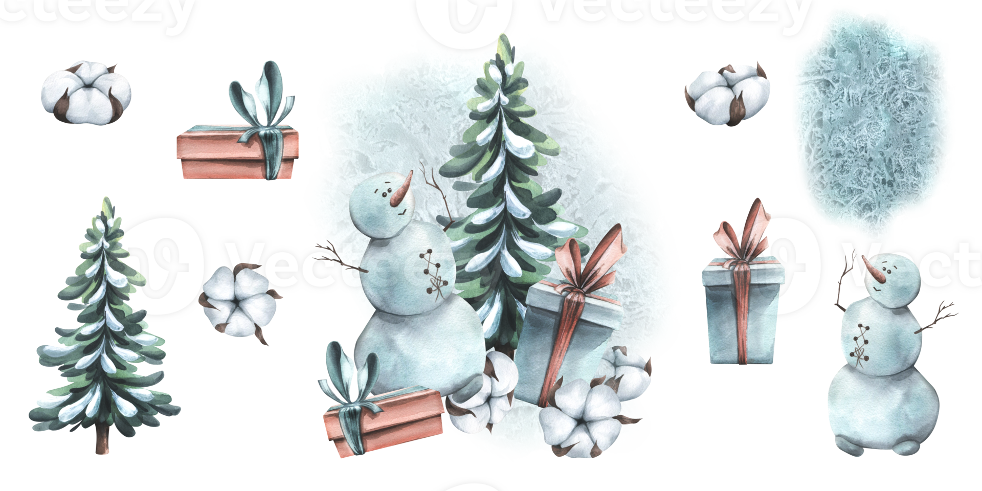 Christmas, New Year's, winter collection with a snowman, gifts, a Christmas tree and cotton. Watercolor illustration drawn by hand. A set of isolated Objects png