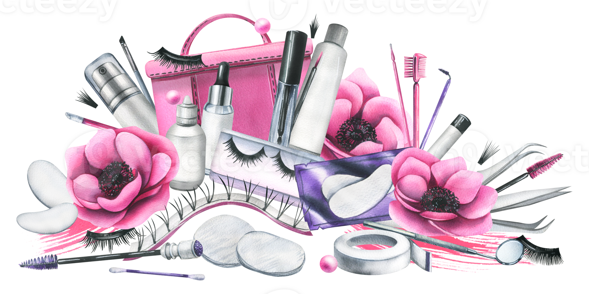 Pink cosmetic bag with beauty master's tools for eyelash extension and lamination, with brushes, silicone rollers. Watercolor illustration, hand drawn. Isolated composition png