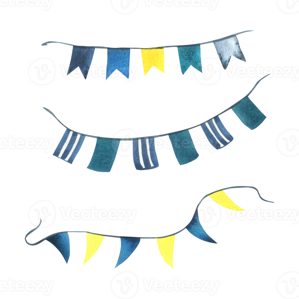 Garlands with flags blue, turquoise, yellow, striped, triangular, rectangular. Watercolor illustration hand drawn in children's style. Set of isolated elements png