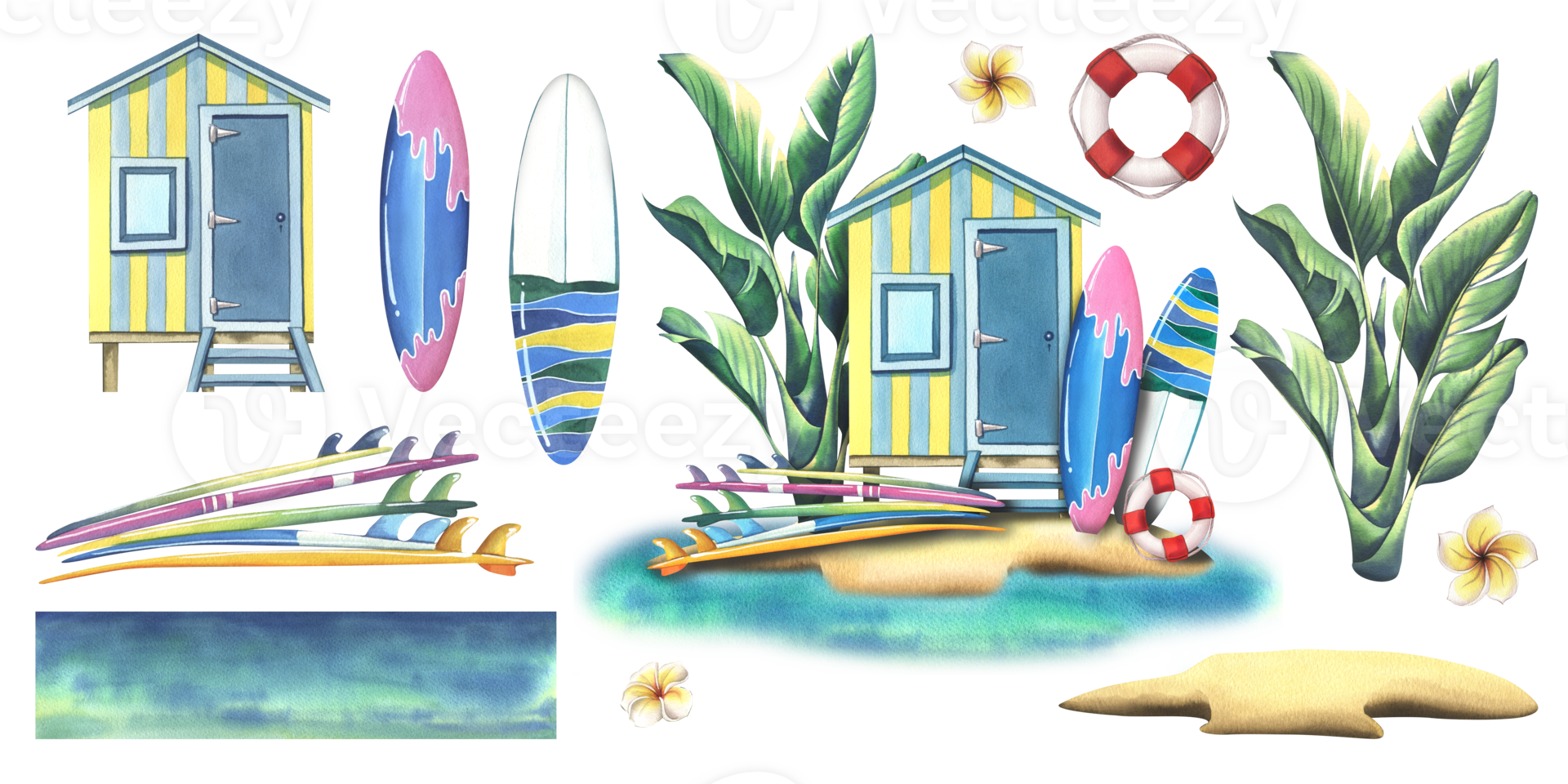 A beach cabin with surfboards, a lifebuoy and a palm tree on a sandy island with an azure sea, ocean. Watercolor illustration hand drawn. Set of isolated elements png