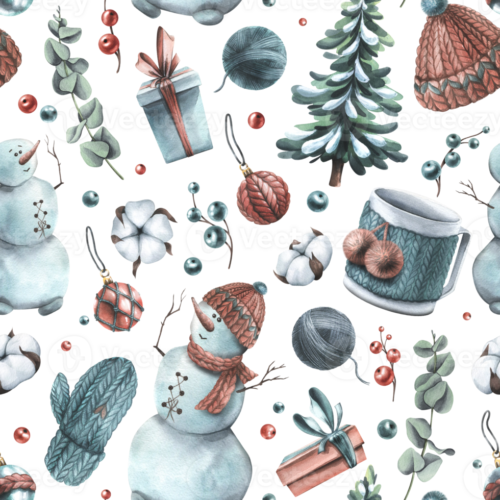 inverno nuovo anno, Natale senza soluzione di continuità modello con a maglia le cose, cotone, eucalipto, frutti di bosco, Natale palle, giocattoli, i regali, pupazzo di neve, albero, tazza. acquerello illustrazione mano disegnato png