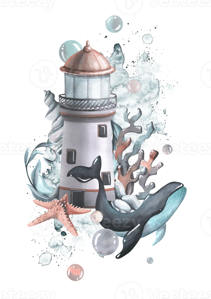 A marine lighthouse with whale, algae, coral, starfish, bubbles and shells. Watercolor illustration hand drawn. Isolated composition png