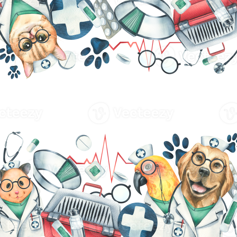 Veterinary set with doctors hamster, dog, cat, parrot, pet carrier, medicines. Watercolor illustration, hand drawn, for the design of clinics, hospitals, pharmacies. Template png