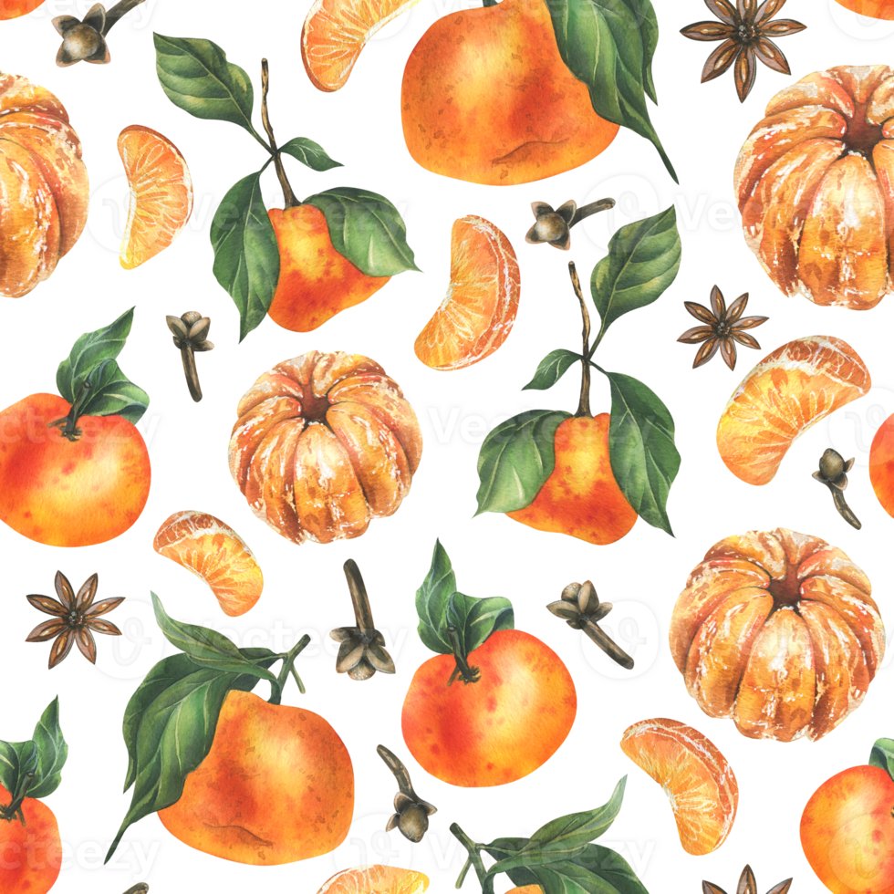 Tangerines with whole leaves and slices with spices, star anise and cloves. Watercolor illustration, hand drawn. Winter, Christmas seamless pattern png
