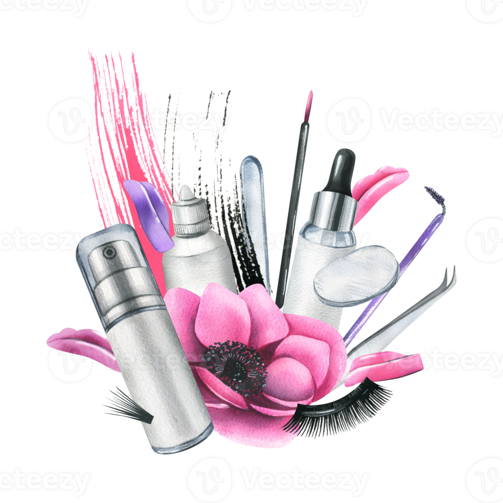 Tools and cosmetics for eyelash extension and lamination with brushes, tweezers, anemone flower and paint strokes. Watercolor illustration, hand drawn. Isolated composition png