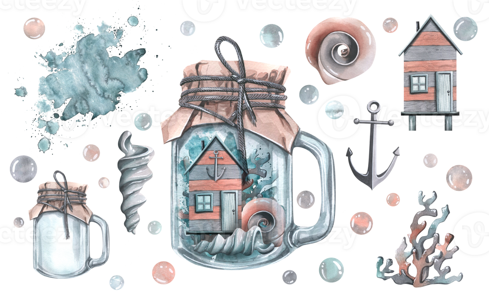 Wooden beach house with anchor, shells and corals, bubbles and glass jar. Watercolor illustration hand drawn. Set of isolated elements png