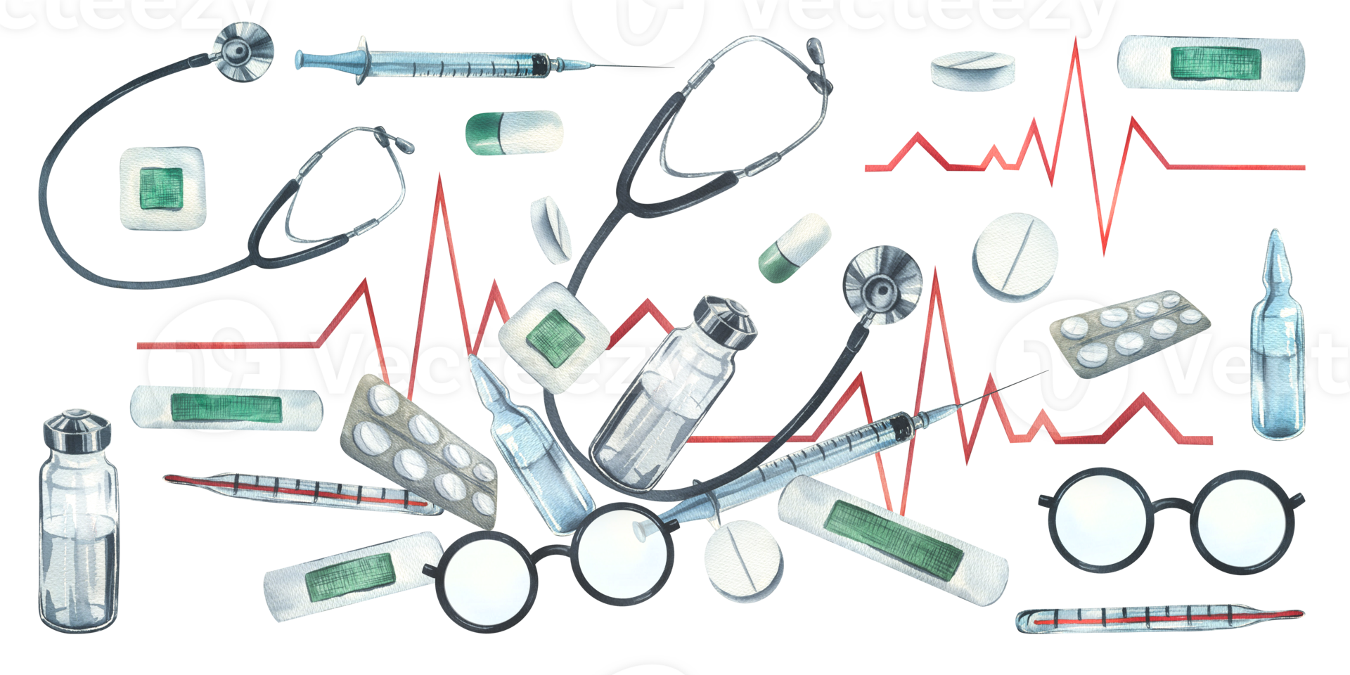 medicinsk först hjälpa utrustning med stetoskop, injektioner, plåster, piller och glasögon. vattenfärg illustration, hand ritade. sammansättning med element isolerat png