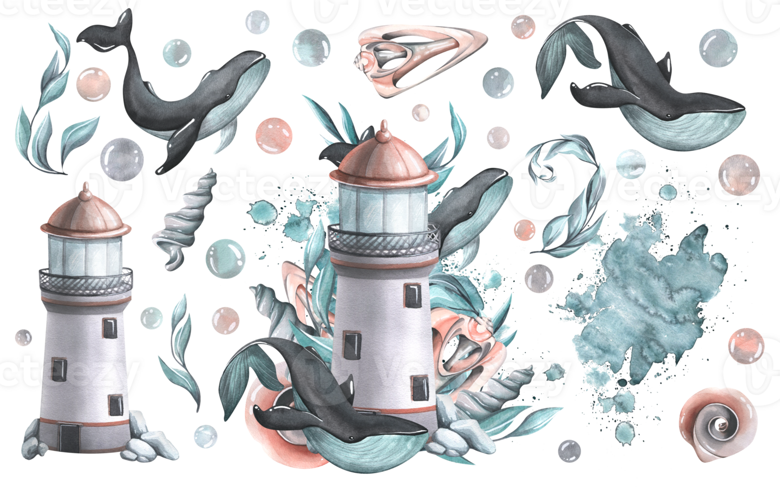 A marine lighthouse with whales, algae and shells, bubbles. Watercolor illustration hand drawn. Set isolated elements png