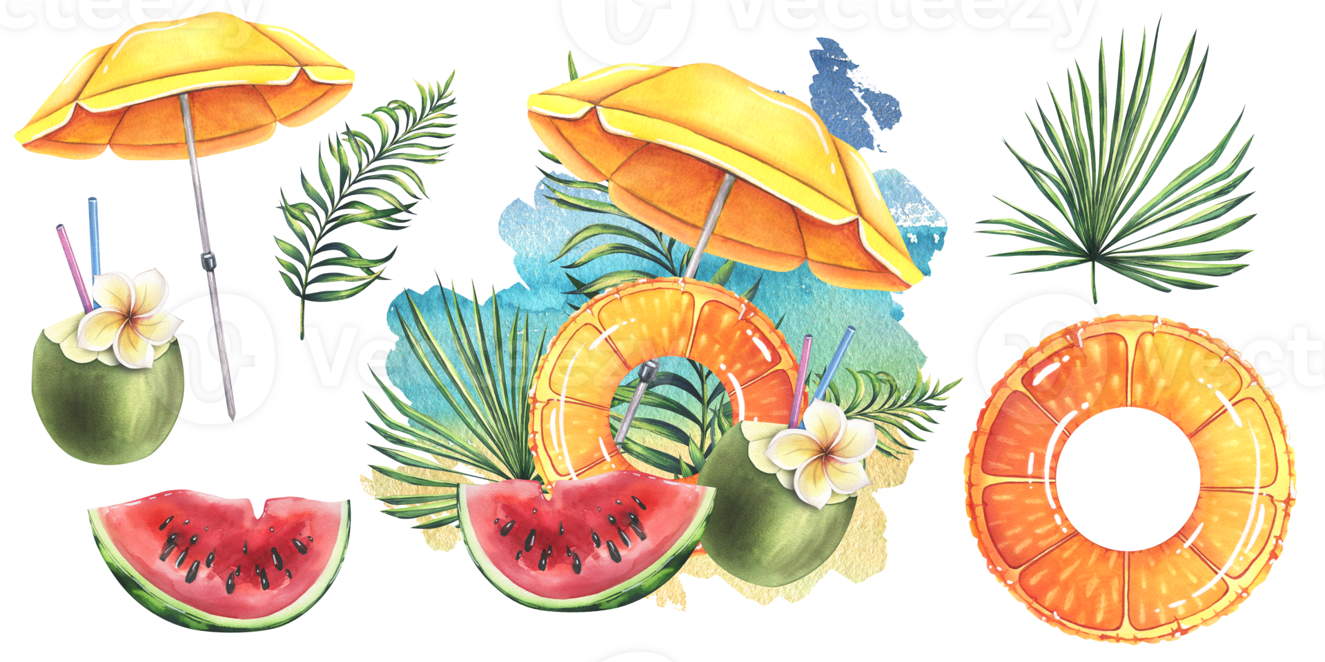 Beach umbrella yellow with orange print inflatable ring, cocktail in coconut, watermelon and tropical leaves. Watercolor illustration, hand drawn. Set of isolated objects png