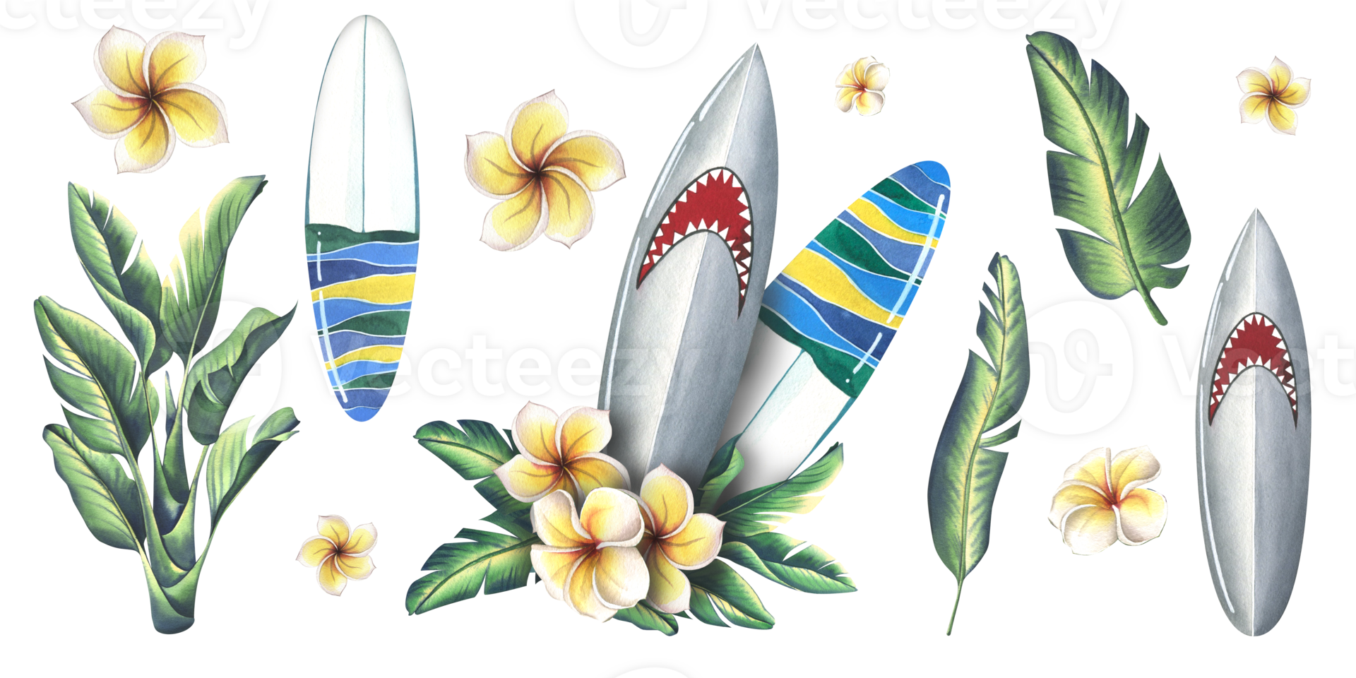 surfingbrädor med haj och randig skriva ut med frangipani blommor och tropisk löv. vattenfärg illustration hand ritade. uppsättning av isolerat element png