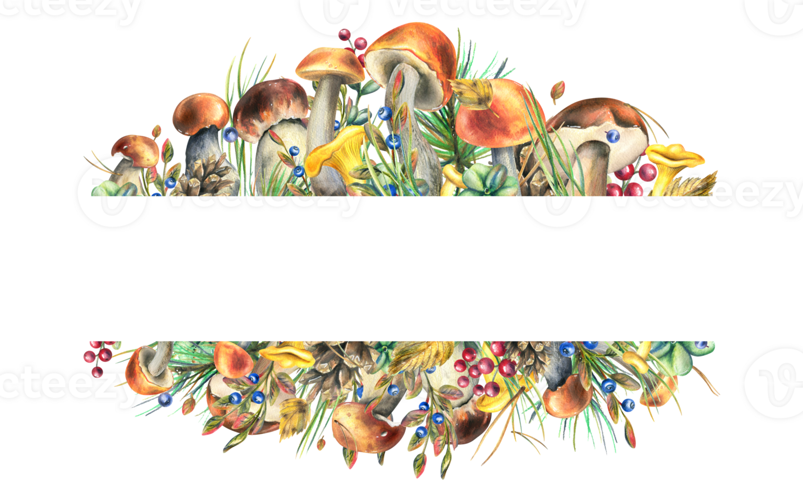 Forest mushrooms, boletus, chanterelles and blueberries, lingonberries, twigs, cones, leaves. Watercolor illustration, hand drawn frame template png