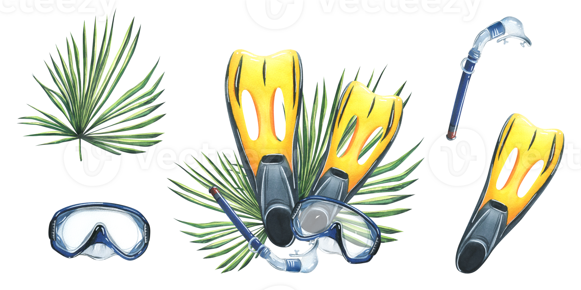 Fins with mask and snorkel for snorkeling and diving with tropical palm leaves. Watercolor illustration, hand drawn summer, beach. Isolated composition with elements png