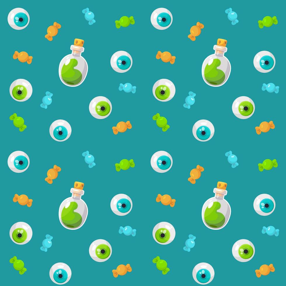 Happy Halloween seamless pattern with eyes, poison and candies vector