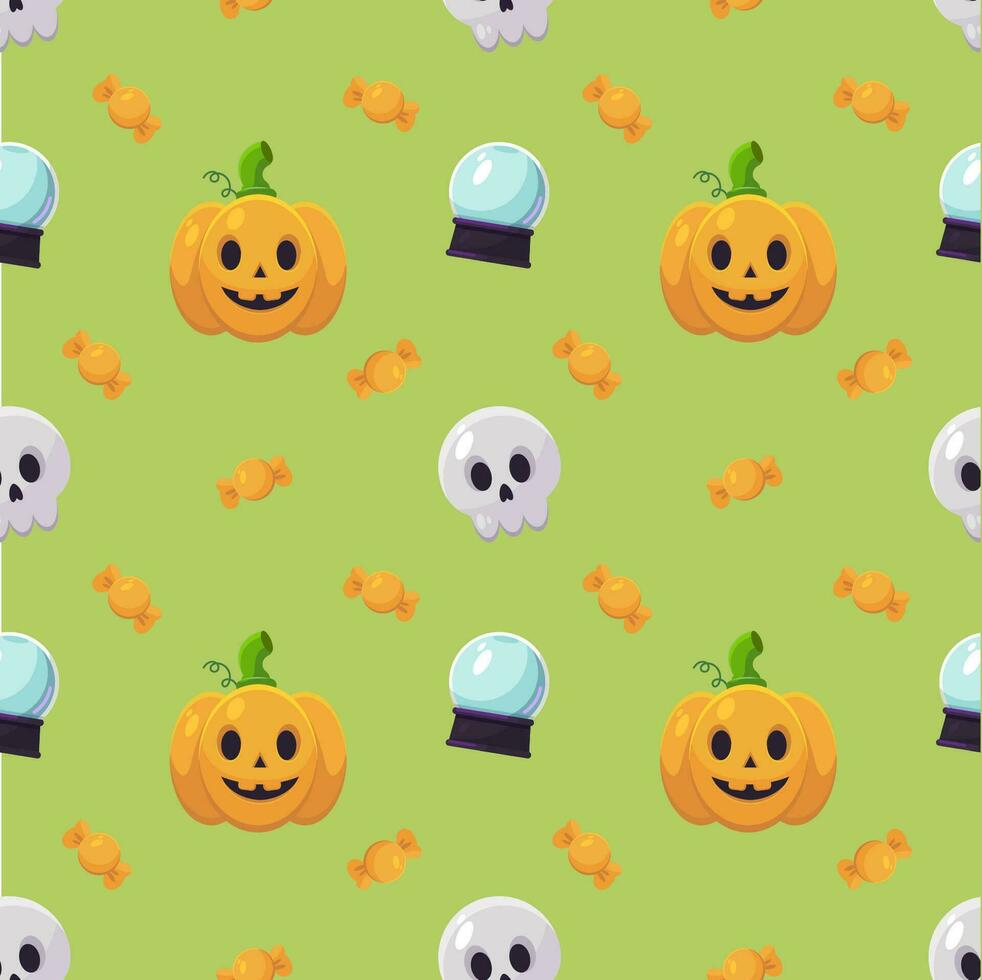 Happy Halloween seamless pattern with pumpkin, skull and candies vector