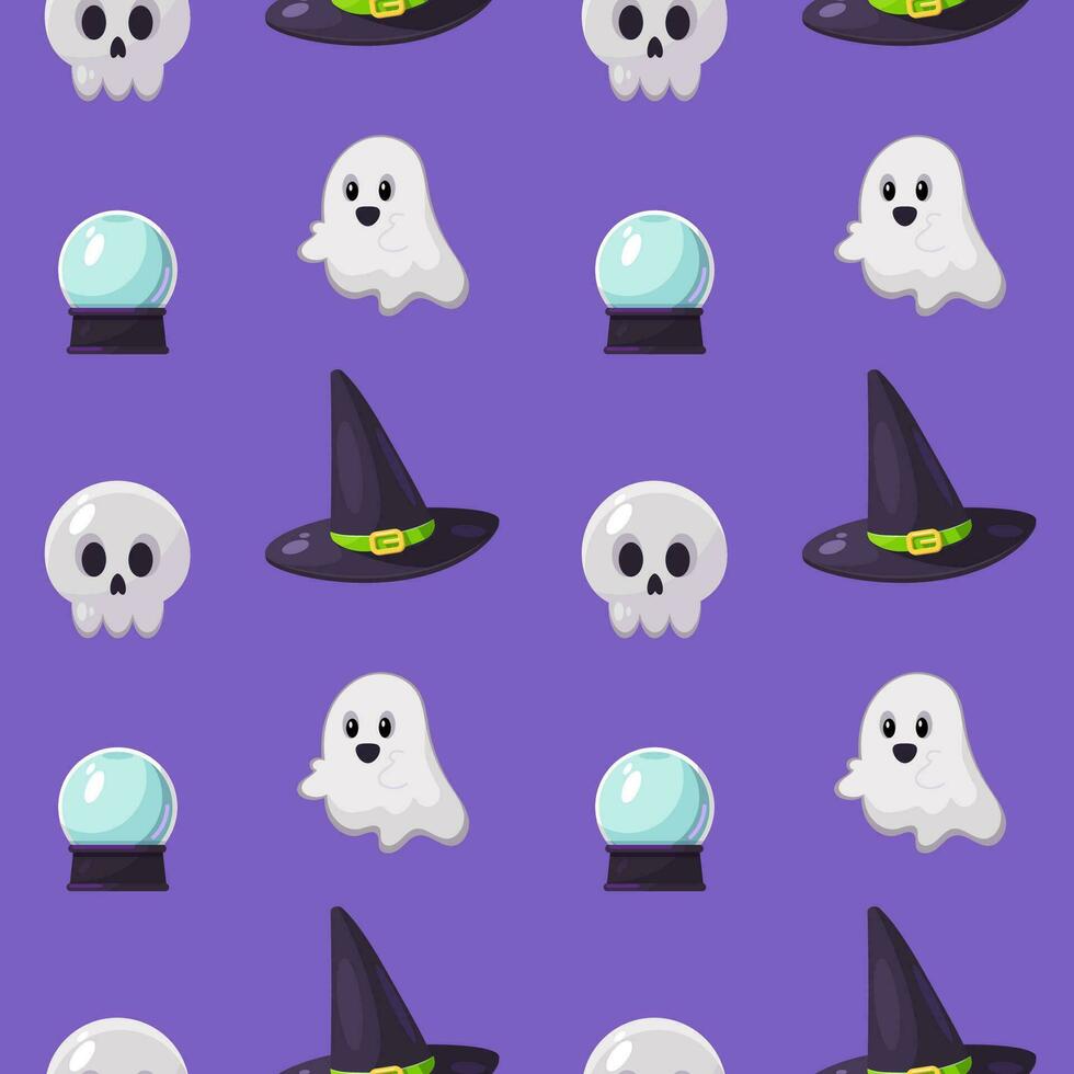 Happy Halloween seamless pattern with ghost, magic hat and skull vector