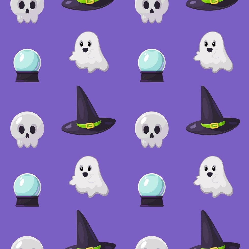 Happy Halloween seamless pattern with ghost, magic hat and skull vector