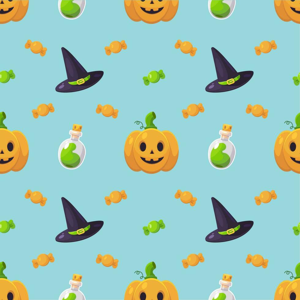 Happy Halloween seamless pattern with pumpkin, poison, magic hat and candies vector