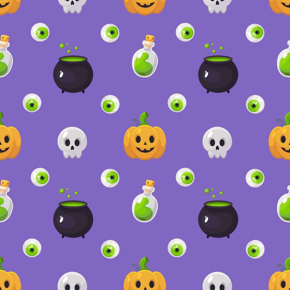 Happy Halloween seamless pattern with pumpkin, skull, eyes and poison vector