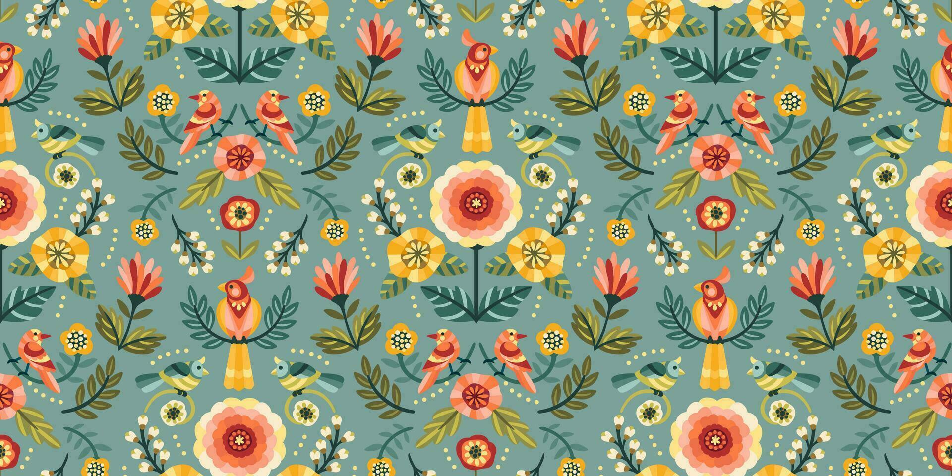 Folk floral seamless pattern with birds. Modern abstract design for paper, cover, fabric, pacing and other use vector