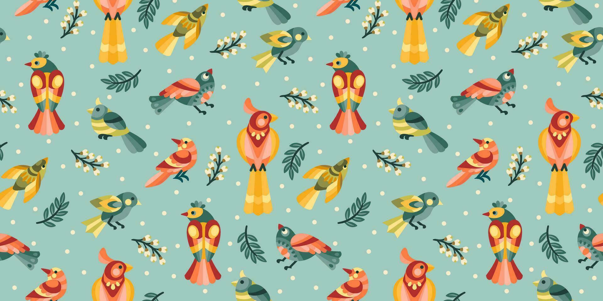 Folk floral seamless pattern with birds. Modern abstract design for paper, cover, fabric, pacing and other use vector