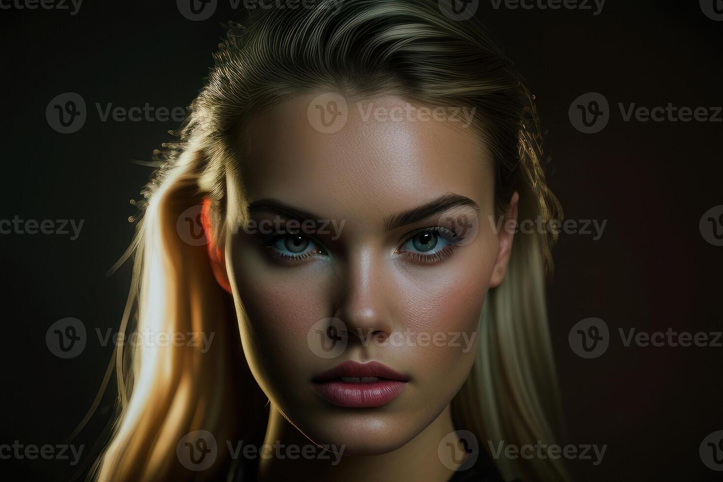 Portrait of a beautiful person with black background. Fictional person created with photo
