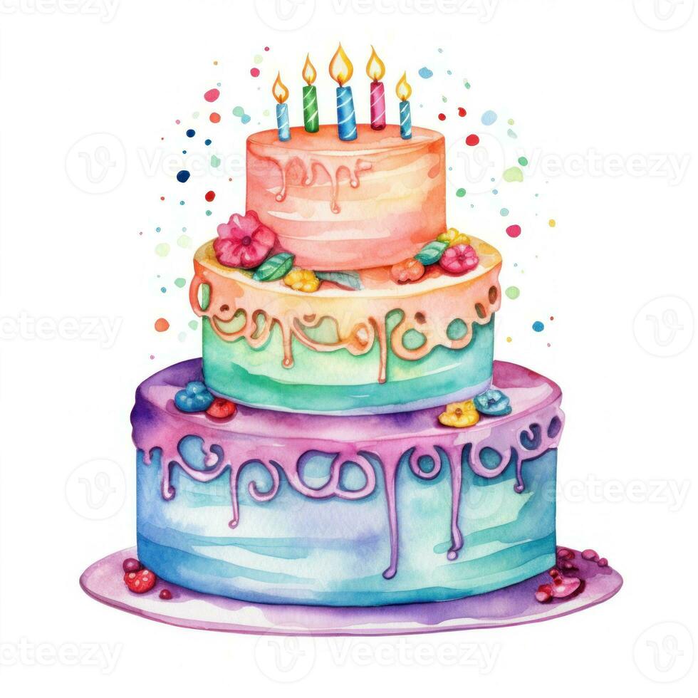 Watercolor vibrant birthday cake isolated photo