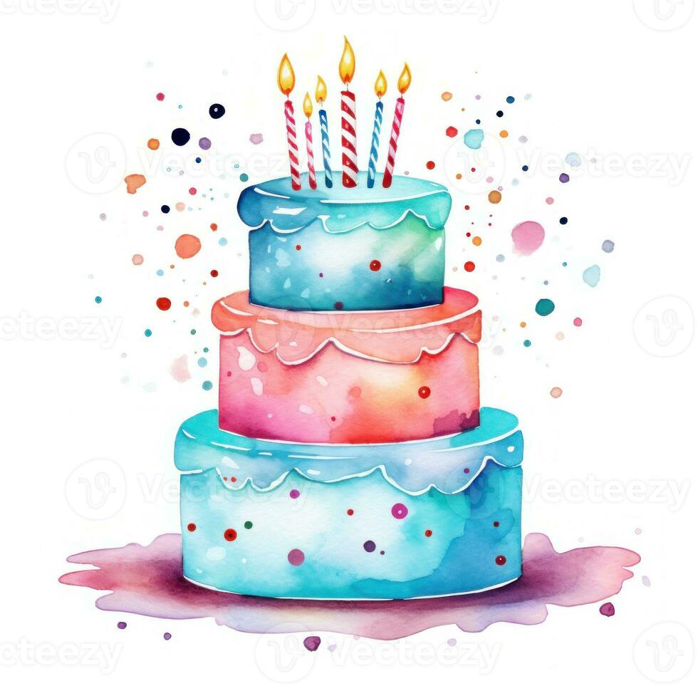 Watercolor vibrant birthday cake isolated photo