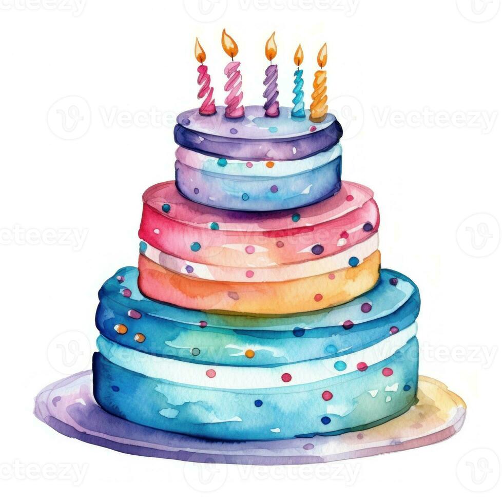 Watercolor vibrant birthday cake isolated photo