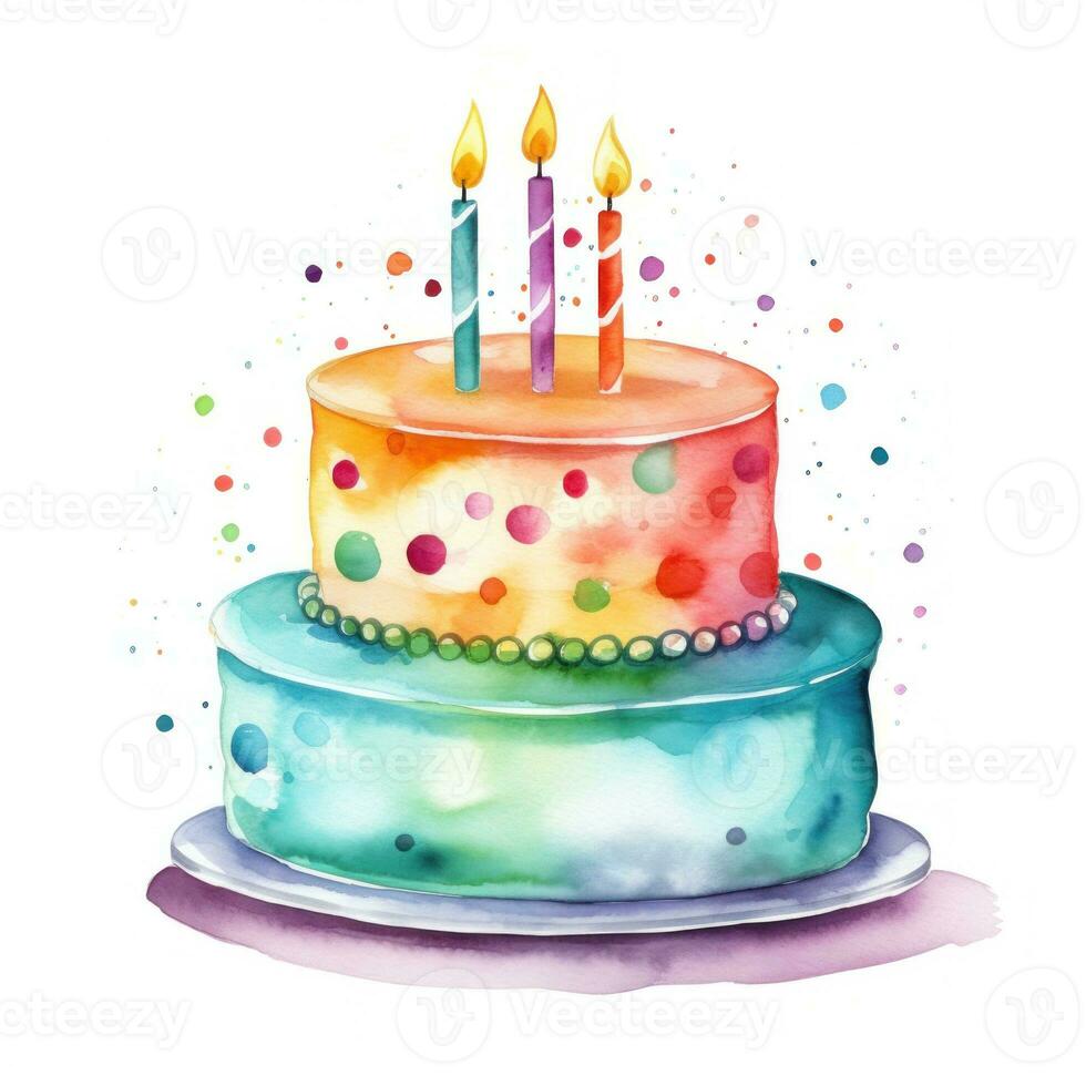 Watercolor vibrant birthday cake isolated photo