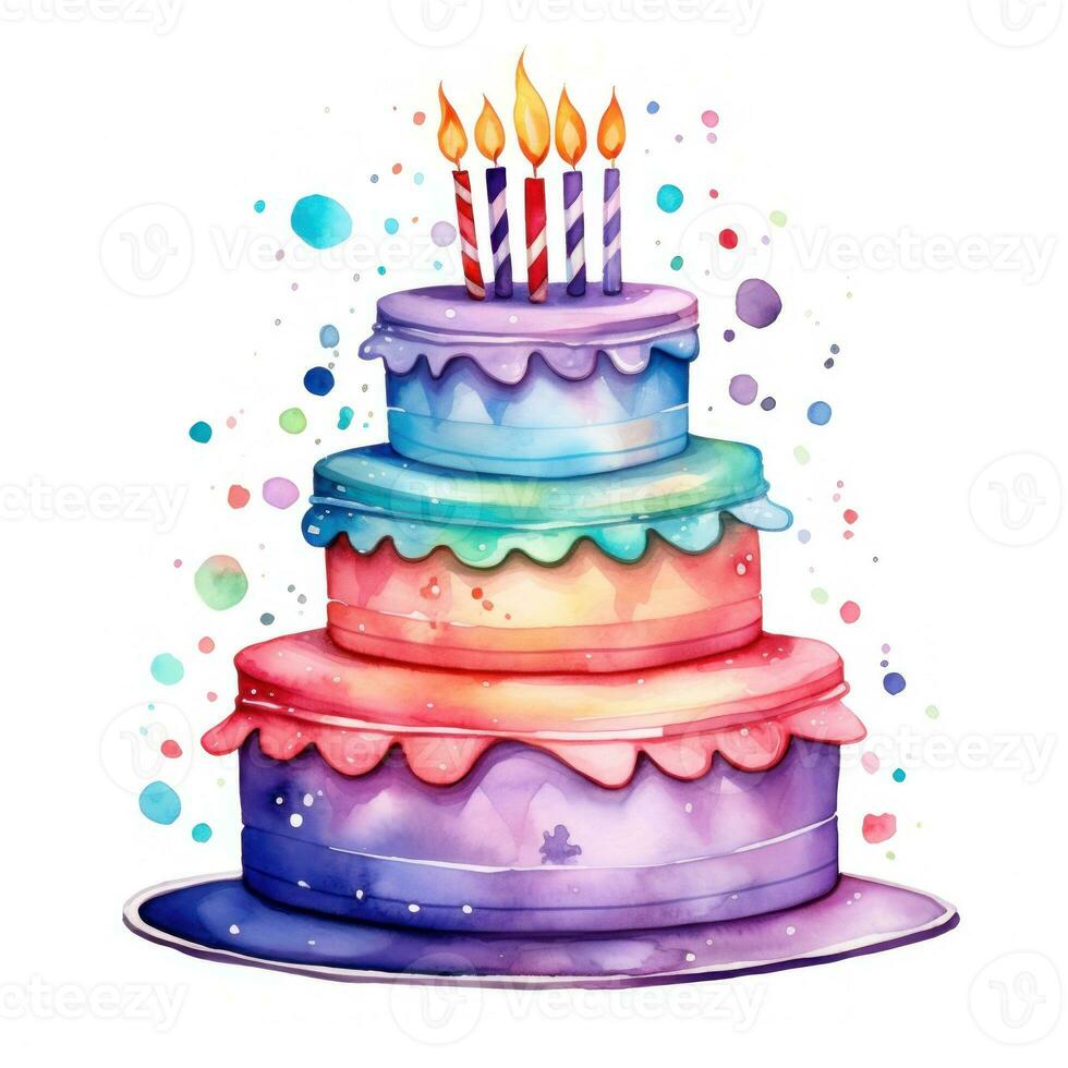 Watercolor vibrant birthday cake isolated photo