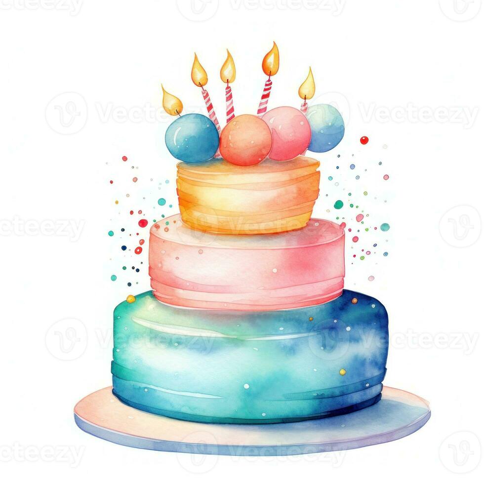 Watercolor vibrant birthday cake isolated photo