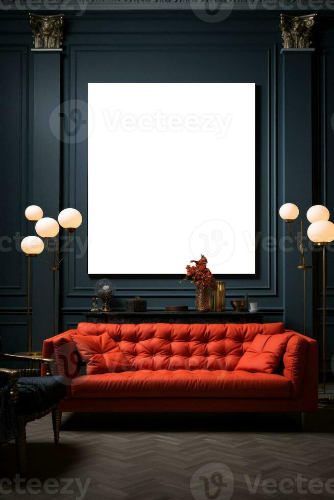 Modern living room with empty frame mockup photo