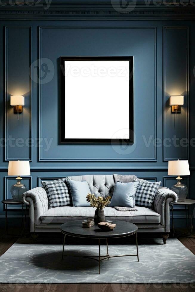 Modern living room with empty frame mockup photo