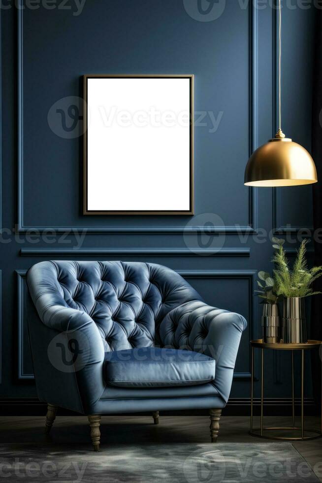 Modern living room with empty frame mockup photo