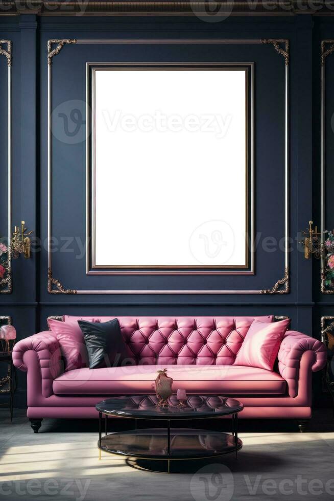 Modern living room with empty frame mockup photo