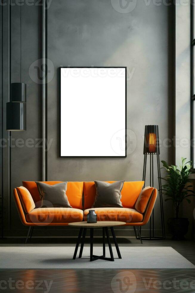 Modern living room with empty frame mockup photo