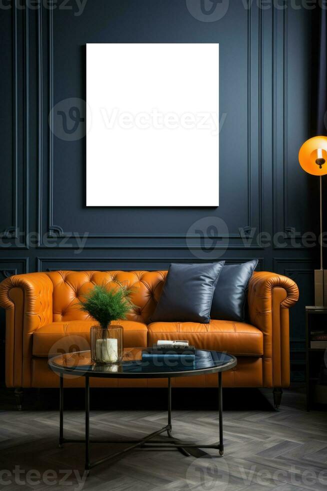 Modern living room with empty frame mockup photo