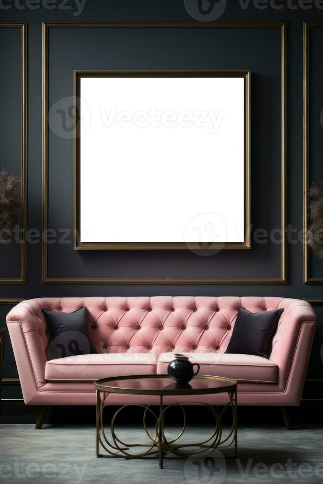Modern living room with empty frame mockup photo