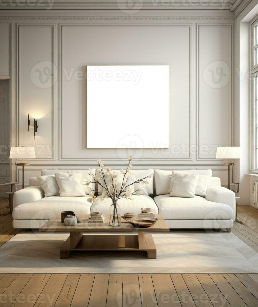 Modern living room with empty frame mockup photo