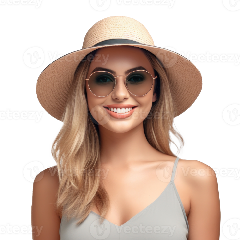 Beautiful girl with sunglasses and summer hat smiling isolated. Illustration png