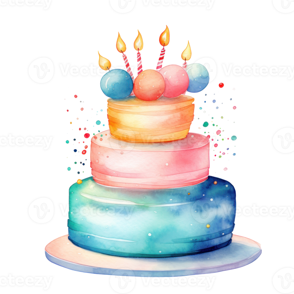Watercolor vibrant birthday cake isolated png