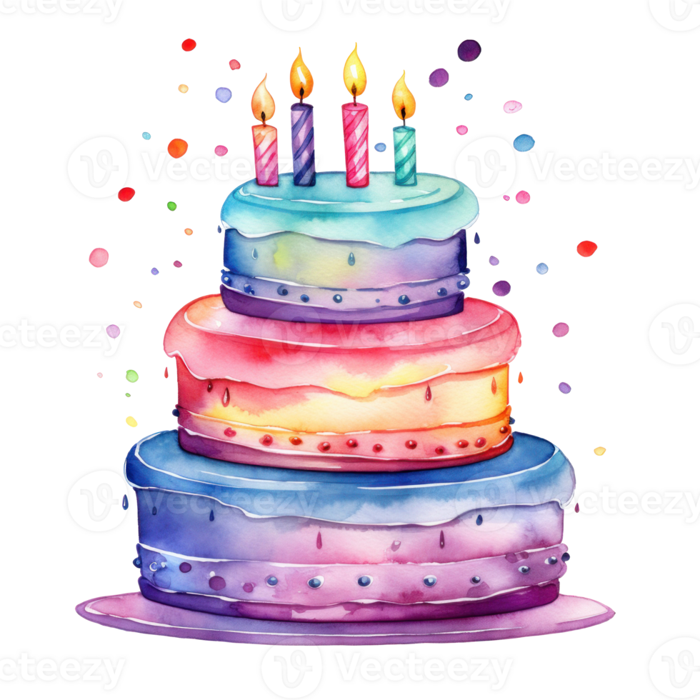 Watercolor vibrant birthday cake isolated png