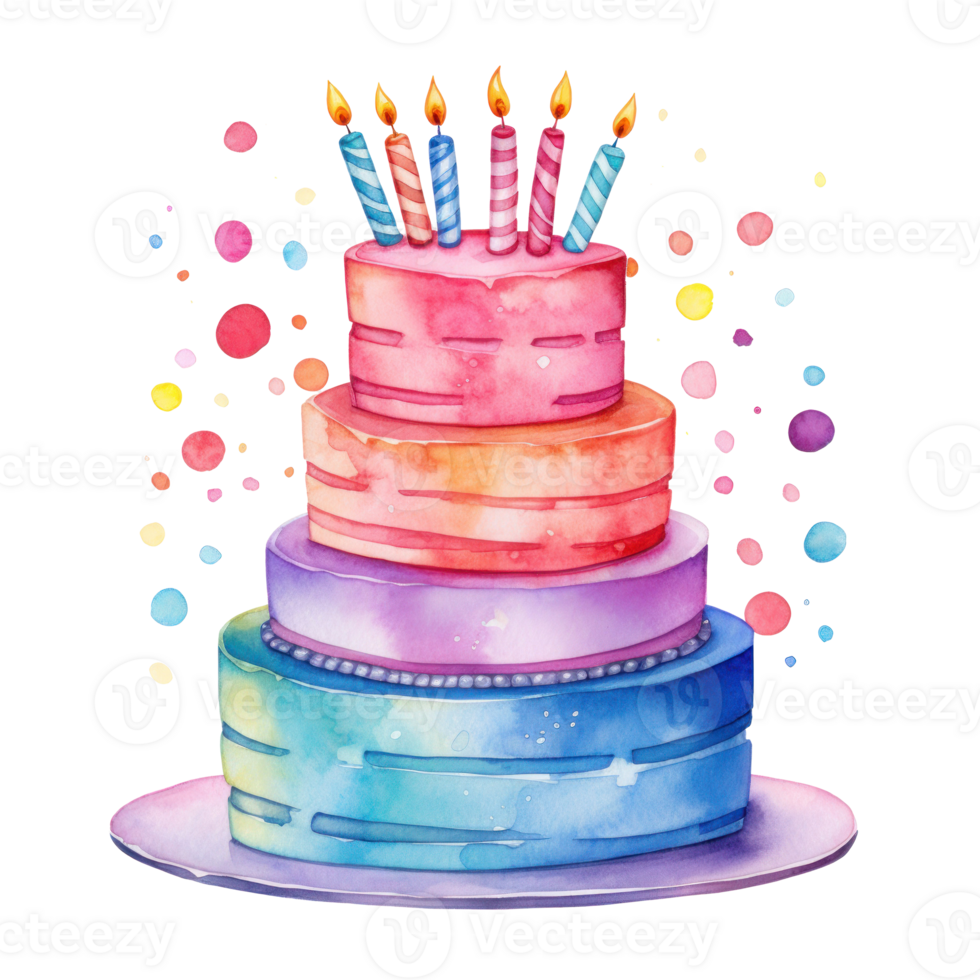 Watercolor vibrant birthday cake isolated png