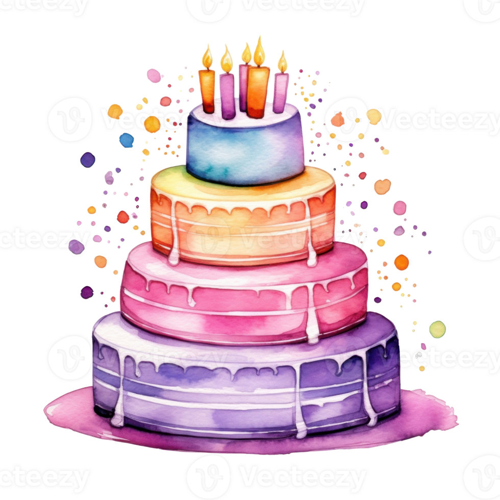 Watercolor vibrant birthday cake isolated png