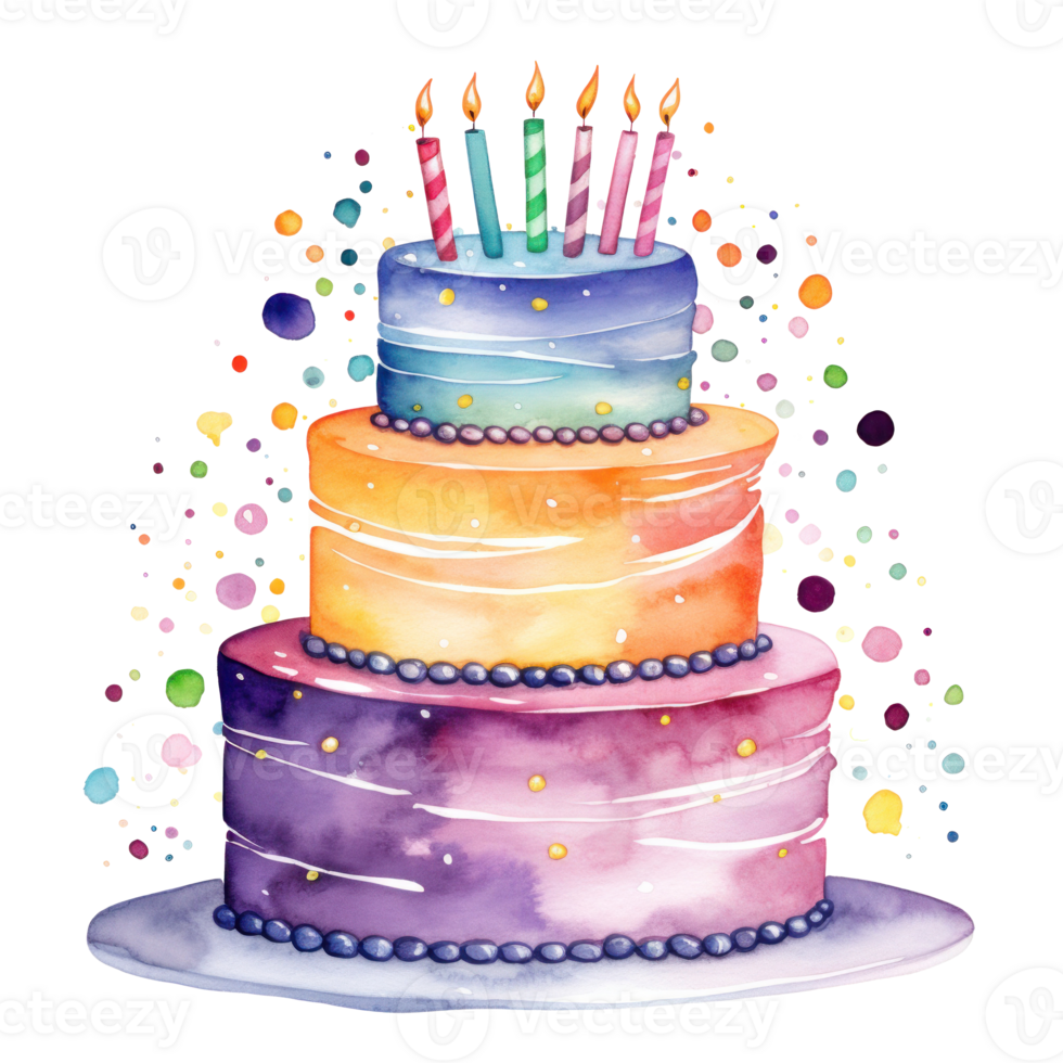 Watercolor vibrant birthday cake isolated png