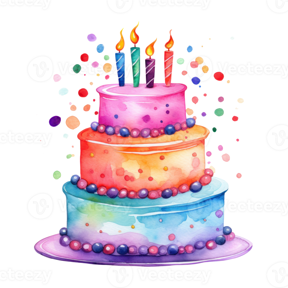 Watercolor vibrant birthday cake isolated png