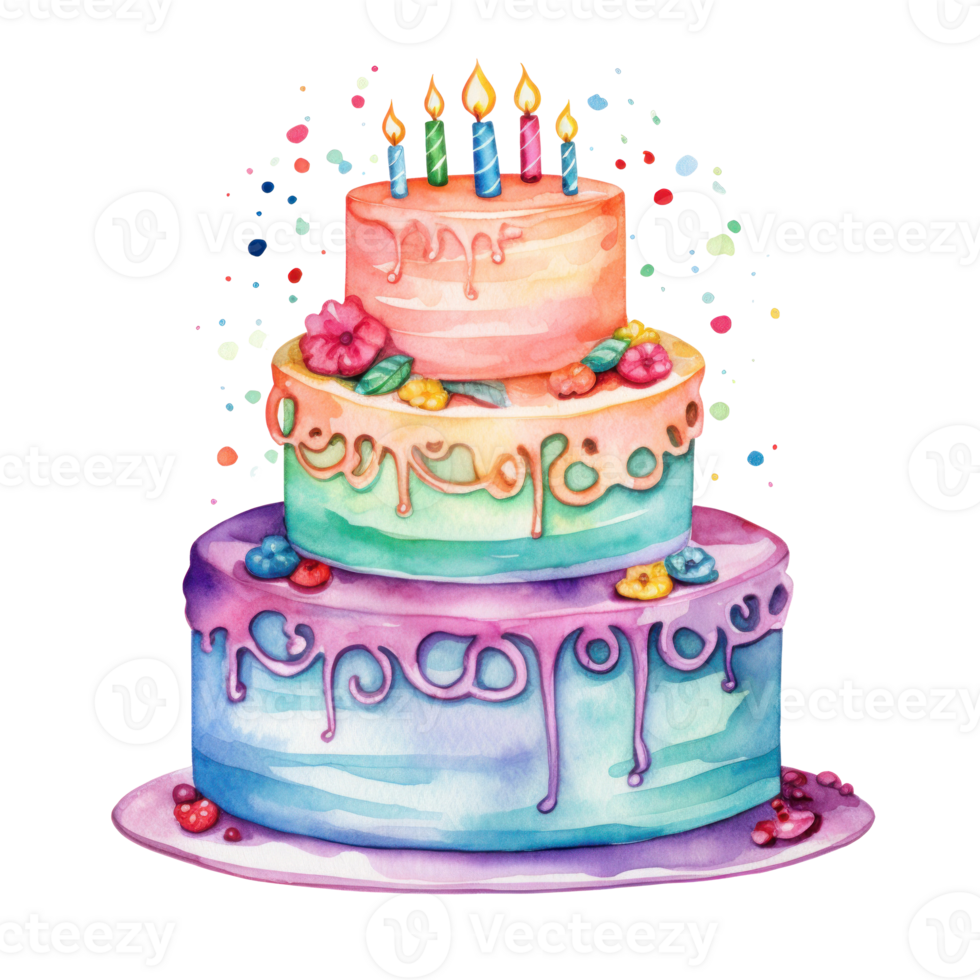 Watercolor vibrant birthday cake isolated png