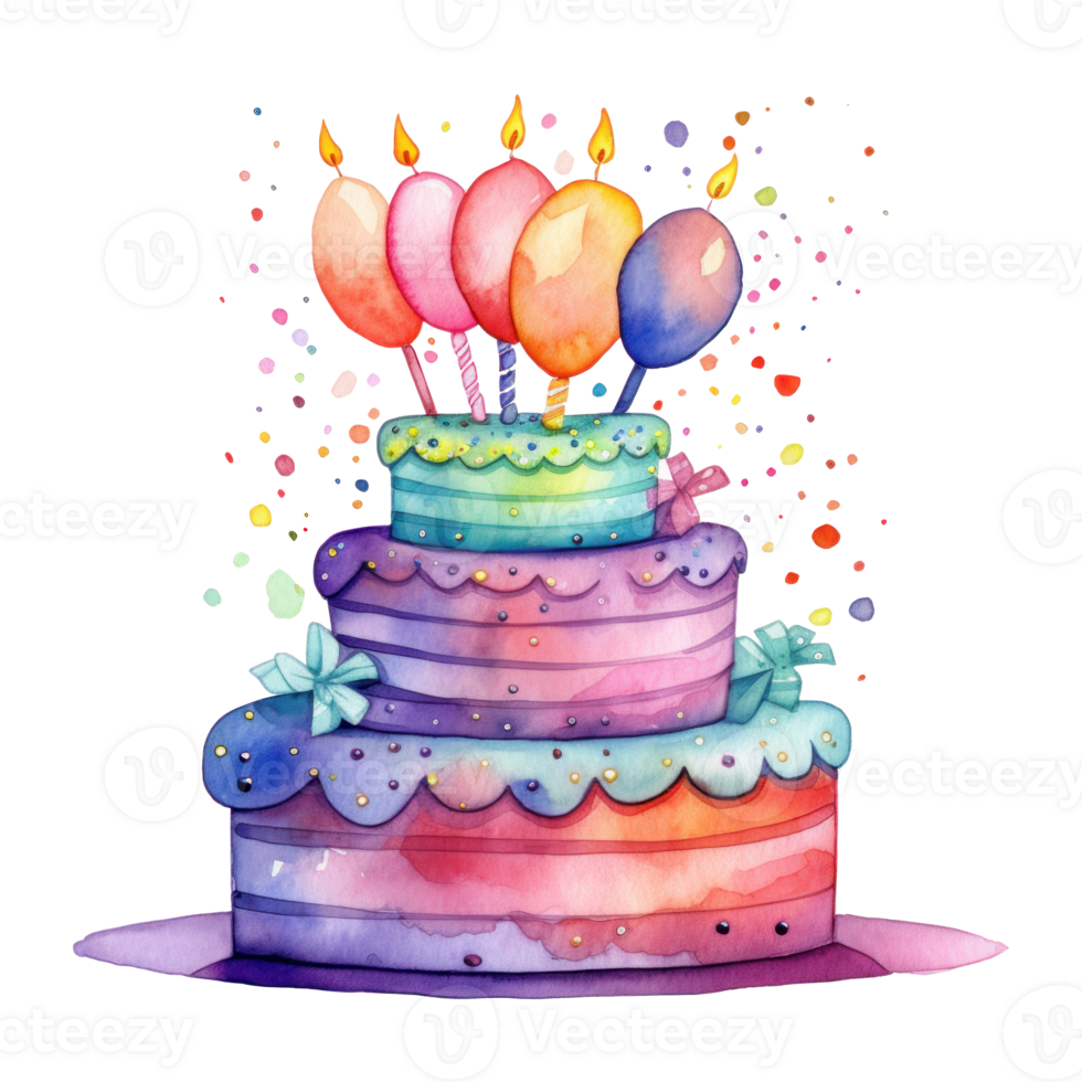 Watercolor vibrant birthday cake isolated png